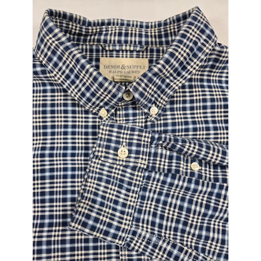 Denim & Supply Ralph Lauren Mens XXL Blue White Plaid Cotton Button Down Shirt